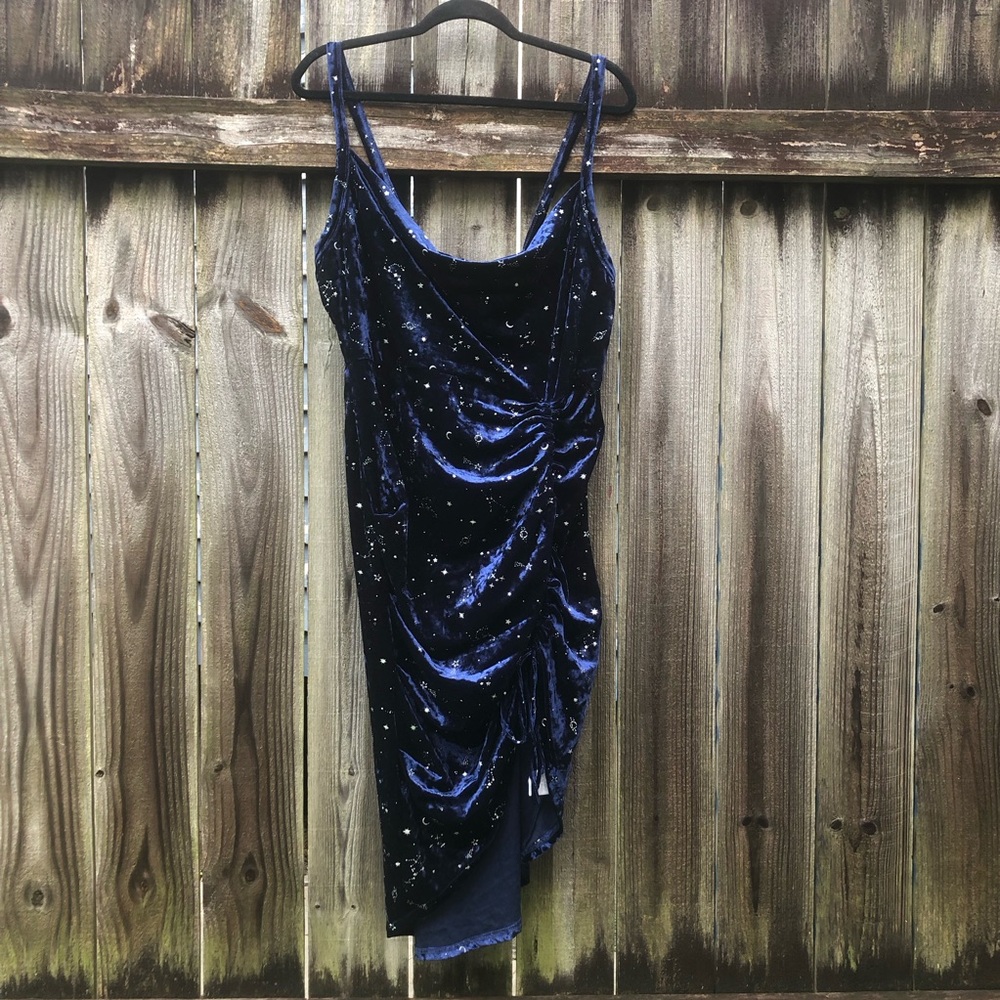 Blue Velvet Celestial Moon & Stars Adjustable Midi Dress Size 1X Cider